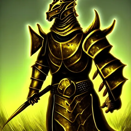 Prompt: an dragonborn armored with golden medieval armor on top of a grass mountain, digital art, fantasy art