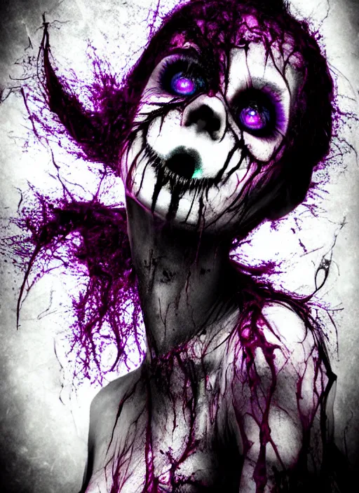 Prompt: gothic soul - spirit with galaxy dead eyes, random decor of necro blast, psycho colors veins, realistic flavor, twisted grin fade soft, award winning photoshoot
