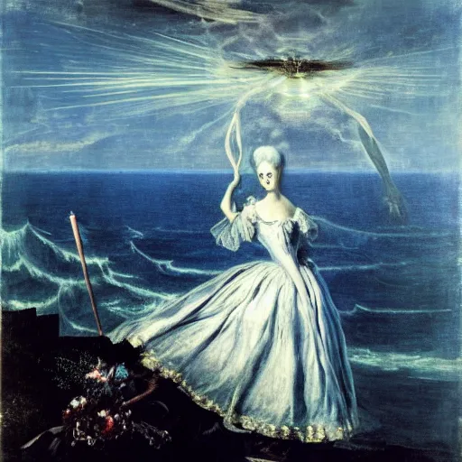 Prompt: Marie Antoinette levitating over the sea. El Greco, Remedios Varo, Salvador Dali, Carl Gustav Carus, John Atkinson Grimshaw. Blue tint. Symetrical, logo, geometric shapes, high detail, great lighting, 8k resolution, masterpiece, concept art, illustration