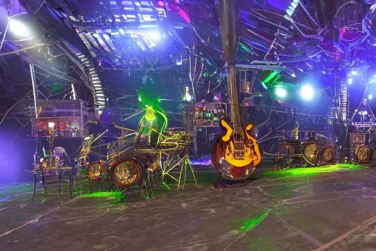 Image similar to an outdoor festival stage with audience, on stage is a rockband with 3 steampunk robots with guitars and drums, center of the stage is a big futuristic steampunk generator with gears and belts and tubes, laser show, 8 k, fluorescent colors, halluzinogenic, multicolored, exaggerated detailed, unreal engine