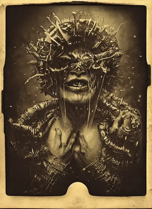 Image similar to old wetplate daguerreotype demons, devil, pain, anger, desolation, angel, explosion of data fragments, fractal, intricate, elegant, highly detailed, parallax, leica, medium format, subsurface scattering, by jheronimus bosch and greg rutkowski and brom