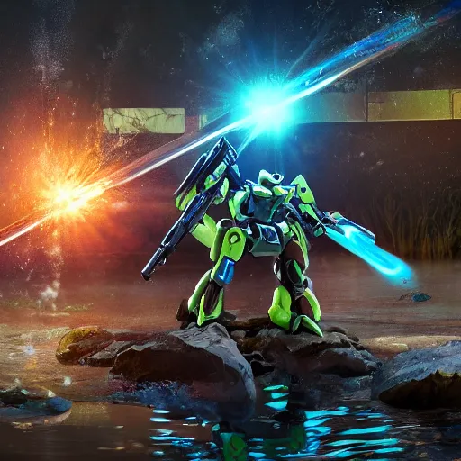 Image similar to frog gundam combat mech stepping out of a pond with a lazer rifle dripping water. over - under, brightly lit scene. this 8 k hd resolution, trending on artstation, featured on behance, well rendered, extra crisp, features intricate detail, epic composition and the style of unreal engine, national geographic, bandai box art.