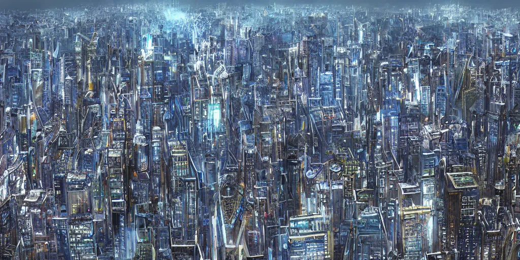 Prompt: entire planet surface covered in skyscrapers seen from space, hyper realism, award winning, sharp focus, intricate concept art, ambient lighting, 8 k, artstation