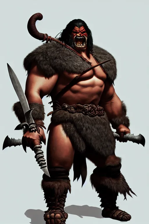 Image similar to orc barbarian wearing leather armor, full body shot, exquisite details, earth magic, mid view, design on a white background, by karl kopinski, james gurney, rockwell, studio muti, greg rutkowski, makoto shinkai, takashi takeuchi, studio ghibli