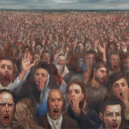 Prompt: oil painting of a crowd of souls screaming at a stage of 3 people talking and deciding fate, 8k, hyper realistic, landscape