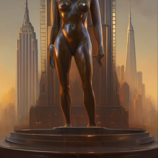 Image similar to a bronze statue stands as the centerpiece of futuristic art deco new york city, fantasy, intricate, elegant, digital painting, trending on artstation, concept art, sharp focus, illustration by greg rutkowski, Gaston Bussiere and artgerm, 4k.