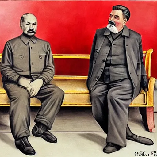 Prompt: Stalin and Lenin in gay-bar, Realistic contemporary Art photography