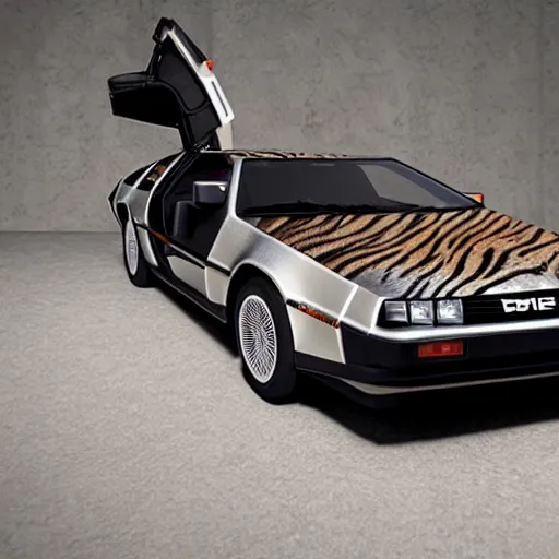 Image similar to a delorean with tiger skin print viynl rap,