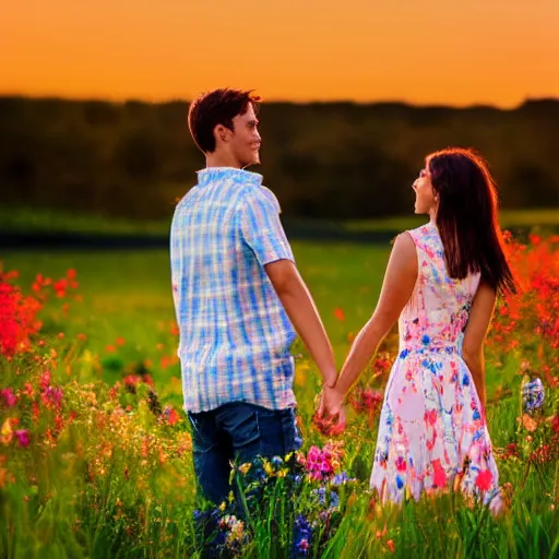 Image similar to a young couple holding hands in a field of flowers at sunset, cartoon