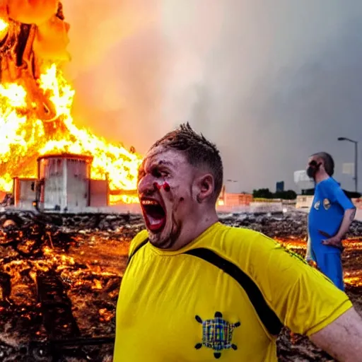 Prompt: , funny and frightened ukrainian burned to bones bleeding in dirty yellow and blue rags on the background of a huge nuclear explosion selfie 2 0 2 2