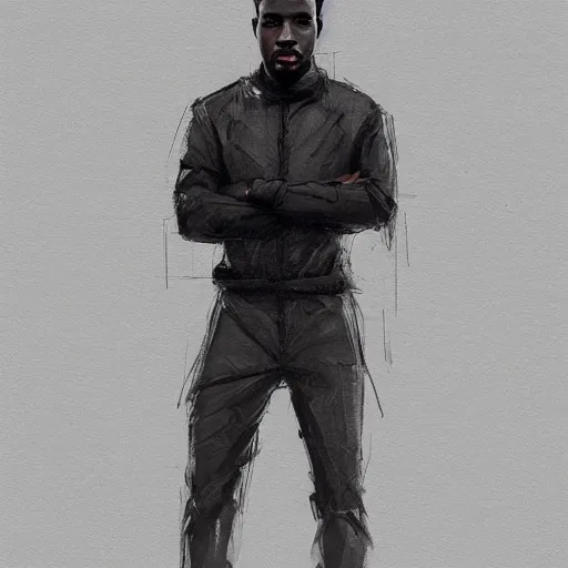 Prompt: Portrait of a black man by Greg Rutkowski, he is about 30 years old, short hair, manly, attractive, smart looking, tall and slim, he is wearing a utilitarian gray and black jumpsuit, highly detailed portrait, scifi, digital painting, artstation, concept art, smooth, sharp foccus ilustration, Artstation HQ