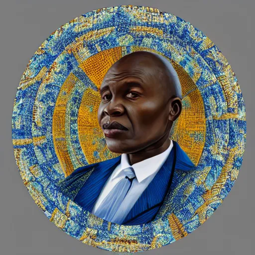 Image similar to a painting of a round face, XXL Loving, caring, generous, ever-present, humble, wise elder from Kenya in a suit by Kehinde Wiley . Fatherly/daddy, focused, loving, leader, relaxed,. ethereal lights, details, smooth, sharp focus, illustration, realistic, cinematic, artstation, award winning, rgb , unreal engine, octane render, cinematic light, macro, depth of field, blur, red light and clouds from the back, highly detailed epic cinematic concept art CG render made in Maya, Blender and Photoshop, octane render, excellent composition, dynamic dramatic cinematic lighting, aesthetic, very inspirational, arthouse.