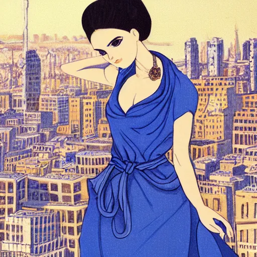 Image similar to A beautiful performance art of a young woman with big blue eyes. She has long lashes and a small mouth. Her hair is pulled back in a bun with a few stray hairs falling down. She's wearing a white dress with a blue sash and a blue scarf around her neck. In the background is a cityscape with tall buildings. Ancient Roman, jet black by J.M.W. Turner, by Otto Dix colorful