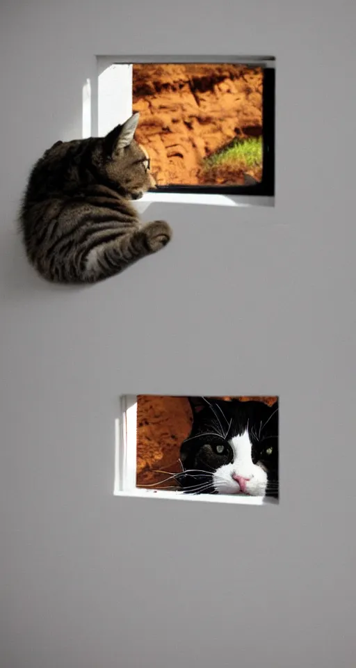 Image similar to cat watching a martian landscape from inside a window, photo