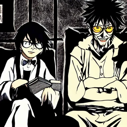 Image similar to Walter white from Breaking Bad speaking with Ryuk from death note, anime