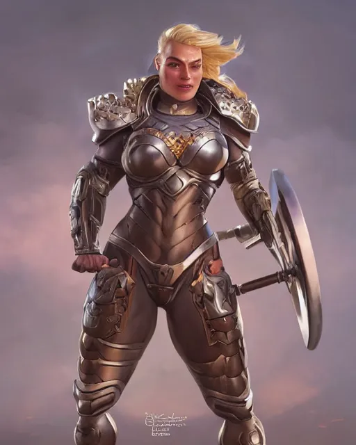 Image similar to full figure ultra realistic illustration, margot robbie as thick female bodybuilder knight zarya from overwatch smiling with closed eyes wearing thin armour, intricate, elegant, highly detailed, digital painting, artstation, concept art, smooth, sharp focus, illustration, art by artgerm and greg rutkowski and alphonse mucha