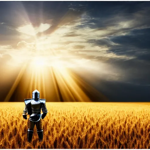 Prompt: a knight in armor standing in a wheat field at sunset with god rays of sun shining through clouds