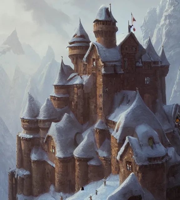 Image similar to a painting of a castle in the middle of a snowy mountain, a detailed matte painting by andreas rocha and greg rutkowski, featured on artstation, fantasy art, matte drawing, matte painting, artstation hq