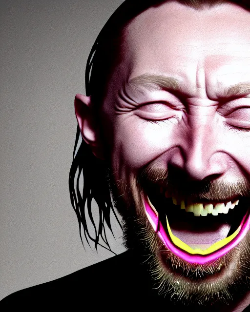 Image similar to a biomorphic portrait of thom yorke laughing, 4 k, octane high quality render