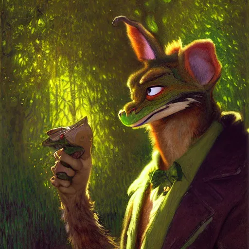 Image similar to a portrait of a male green reptile in farmer clothes at night in a dark forest. zootopia fursona furaffinity furry art detailed face painting by gaston bussiere craig mullins jc leyendecker gustav klimt artgerm greg rutkowski furry