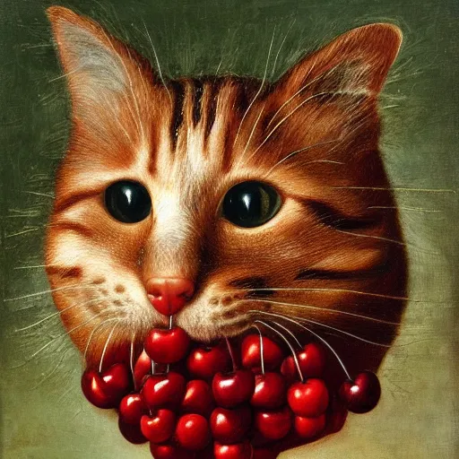 Image similar to a cat head made out of cherries by giuseppe arcimboldo, oil on canvas