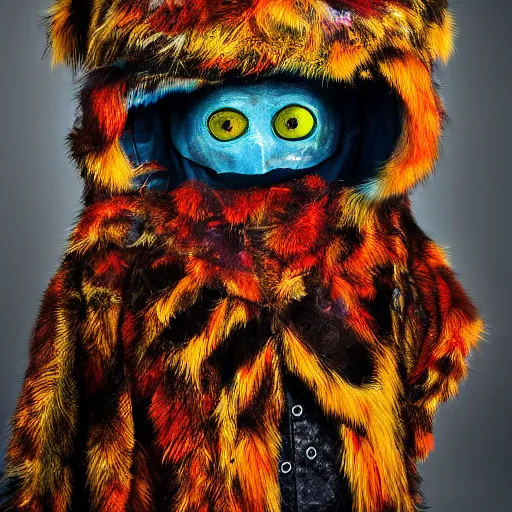 Image similar to a photography of a monstruous costum with big painted eyes and multiple layers of fabric and fur by charles freger