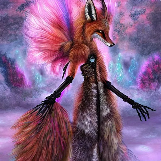 Prompt: photorealistic painting of a skeletal fox character, long fluffy fur, mage clothes inspired by a peacock, 9 brilliant peacock tails, painted by a master artist, sparkles, pink cloud background, vhs effect, dnd beyond, fae, neon, photo realistic, renaissance, trending on art station