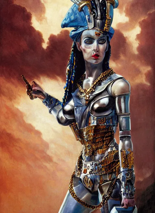 Image similar to dynamic pose! symmetry! closeup portrait of a biblical diabolical pirate female pharaoh, stylish cyborg armor, on a pirate ship, in clouds, strong studio lights, thunder, storm, sunset, by gerald brom, by mikhail vrubel, by peter elson, high contrast, muted colors, extreme detail, mirrors, trending on artstation, 8 k