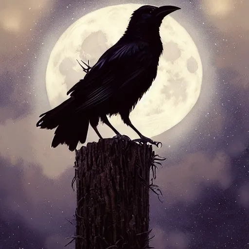 Prompt: crow on tree in front of the full big moon, highly detailed, digital painting, artstation, concept art, smooth, sharp focus, illustration, Unreal Engine 5, 8K, art by artgerm and greg rutkowski and alphonse mucha