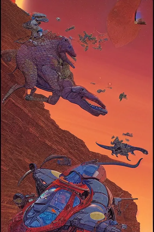 Prompt: beautiful amazons riding dinosaurs on mars against a backdrop of canyons, mercury rainbows in the sky and space fighters shooting, artwork by jean giraud