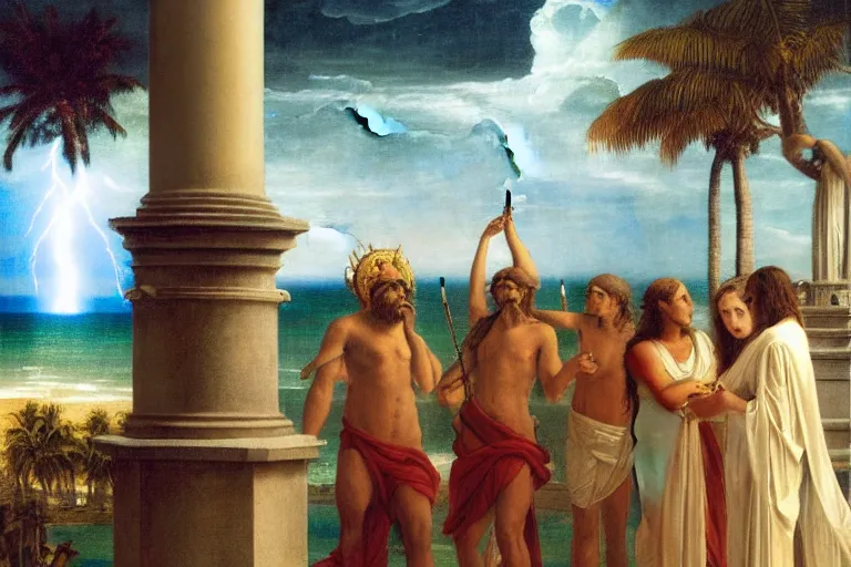 Prompt: Occult spirit on front of balustrade and palace columns, refracted lightnings on the ocean, thunderstorm, tarot cards characters, beach and Tropical vegetation on the background major arcana sky and occult symbols, by paul delaroche, hyperrealistic 4k uhd, award-winning, very detailed paradise