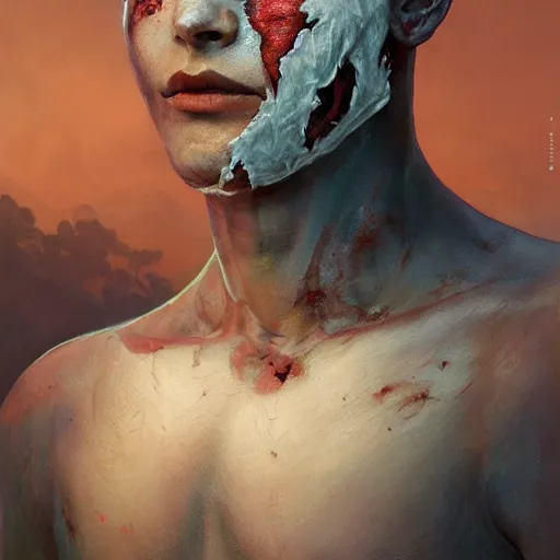 Prompt: portrait painting of young man with severe burn scars on his face and poorly shaved hair wearing tattered light armor, ultra realistic, concept art, intricate details, eerie, highly detailed, photorealistic, octane render, 8 k, unreal engine. art by artgerm and greg rutkowski and charlie bowater and magali villeneuve and alphonse mucha