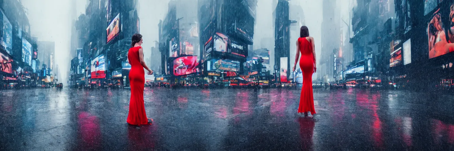 Prompt: hyperdetailed wide ground level photo of a perfect face sexy beautiful girl wearing a thin red dress and no shoes getting soaked in the rain standing in the middle of an empty intersection with screens displaying colorful advertisements on the tall ominous buildings, hdr, 4 k, blade runner aesthetic