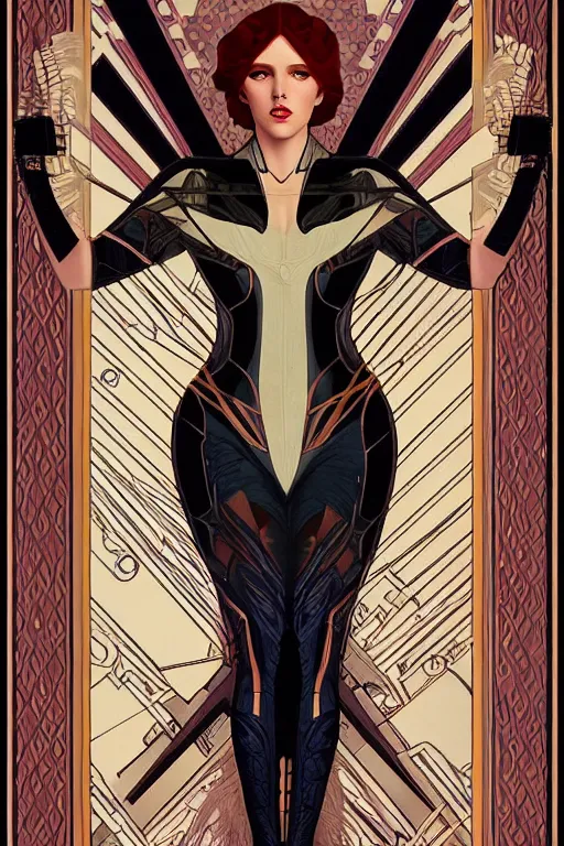 Prompt: a dramatic ethereal epic symmetrical painting of Black Widow | tarot card, art deco, art nouveau, realistic | by Dresden Codak, by Mark Maggiori and ((((Alphonse Mucha))) | trending on artstation