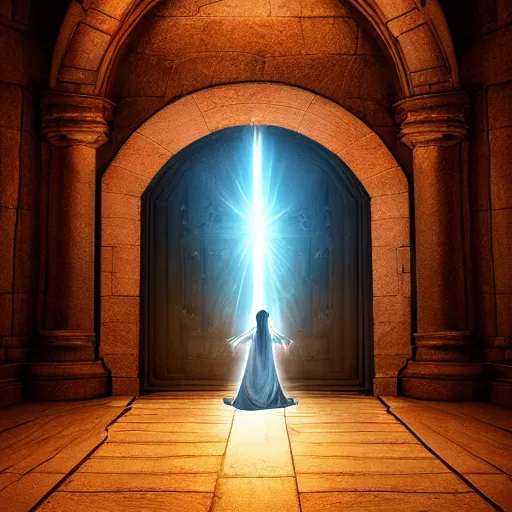 Image similar to a wizard in a cloak standing in front of a portal to wisdom, tall door, high ceiling, magic light, light beam, cinematic atmosphere, high definition, ultra detailed