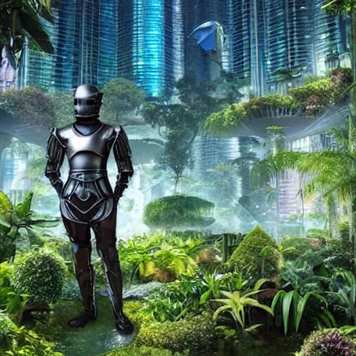 Prompt: a man wearing a futuristic suit of armor standing in a lush garden nestled atop a floating city, augmented reality, solarpunk, realistic, matte painting