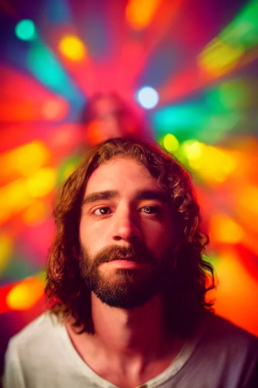 Image similar to studio photo of jesus smoking weed, colorful lighting, bokeh, 3 5 mm, dramatic ligting,