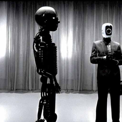 Prompt: movie scene of a man with a robot head, movie still, acting, cinematic composition, cinematic lighting, Movie by David Lynch and Andrzej Żuławski