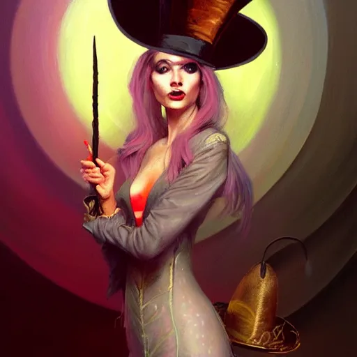 Prompt: oil painting of a rabbit dressed like a female magician holding a magic wand and a top hat, urban fantasy art by seb mckinnon, artstation npc character design, top - rated