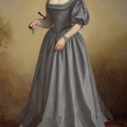 Prompt: portrait of Dasha Nekrasova wearing grey 1850 dress, in the style of the Hudson River School