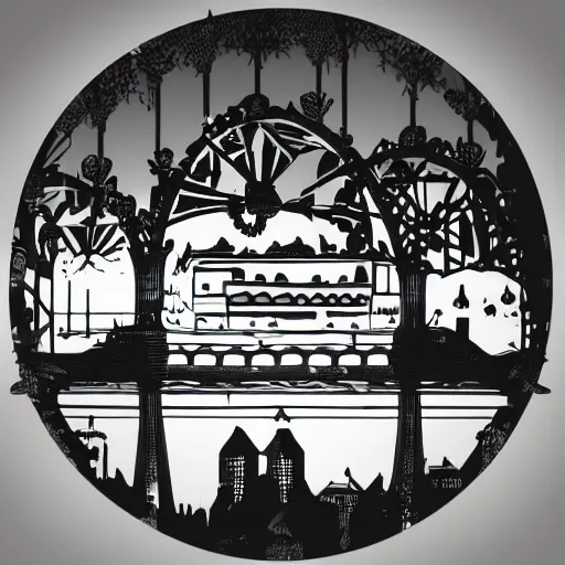 Image similar to a perfect circle, the outer edge of the circle is the silhouette of a city skyline, black and white, minimalist, in the style of a line drawing