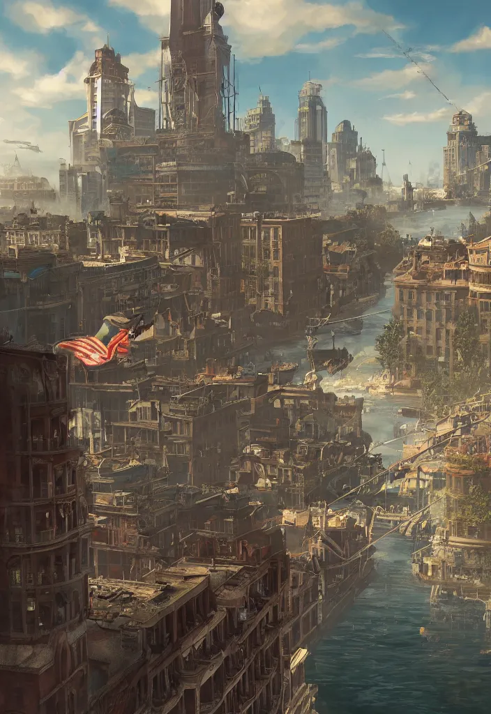 Image similar to an environmental concept art of the bioshock infinite, character standing on balcony overlooking a floating americana city, 1 9 4 0's, highly detailed, environmental light, strong lighting, cinematic by francis tneh