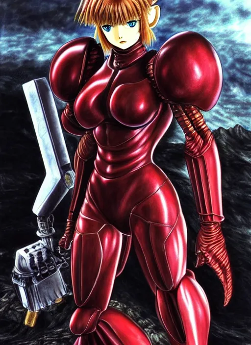 Prompt: berserk manga, samus, metroid, varia suit hyperrealism, intricate detailed