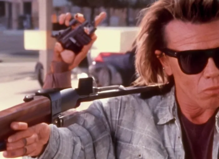 Prompt: film still of Mickey Rourke as Nada wearing a flannel shirt and sunglasses and holding a shotgun with a bandolier in Bank scene in They Live 1988