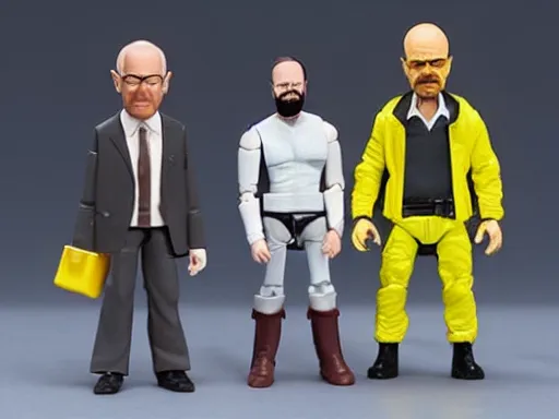 Image similar to a breaking bad action figure set with Saul Goodman, Walter white, and Jesse pinkman