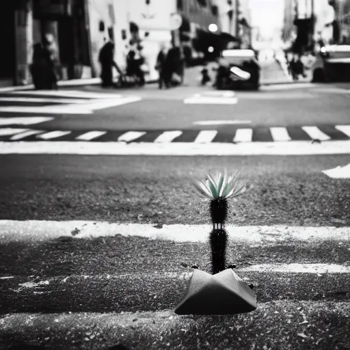 Prompt: living cactus crossing the street, greyscale, 4 k