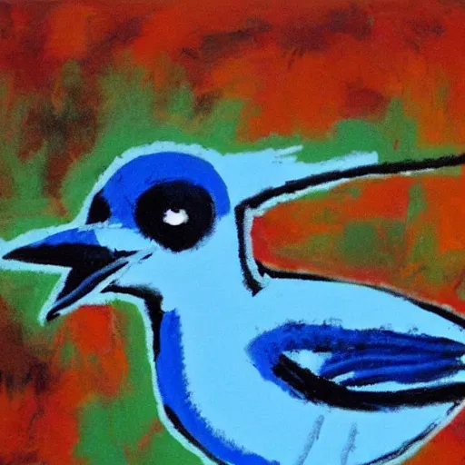 Image similar to bluejay by a river in an autumnal forest, painted by jean michel basquiat