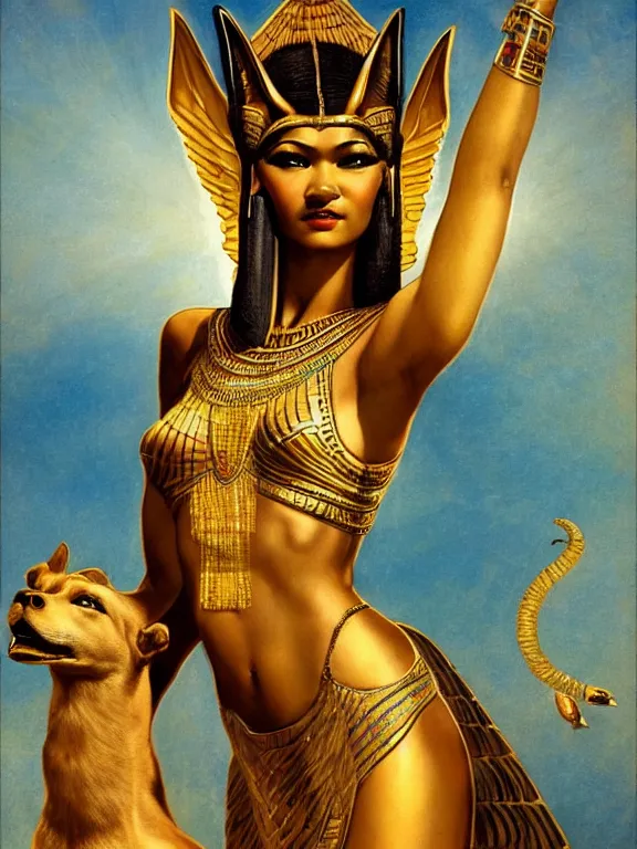 Prompt: zendaya as the Egyptian goddess Anubis the scales of life and death, a beautiful art nouveau portrait by Gil elvgren, Nile river environment , centered composition, defined features, golden ratio, gold jewelry