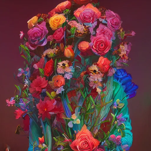 Prompt: a bouquet of colorful flowers, flowers with very long petals,night, hard light and long shadows, neon glowing, vivid, detailed painting, by James Jean and Ross Tran, masterpiece, award winning painting