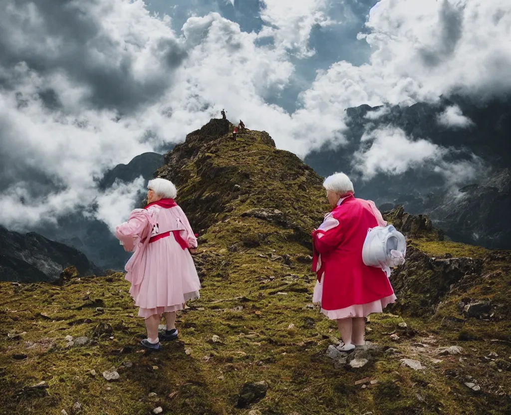 Image similar to a grandma wearing sailor moon costume wandering trough the mountains looking at the clouds very detailed focused photography cinematic lighting by martin parr